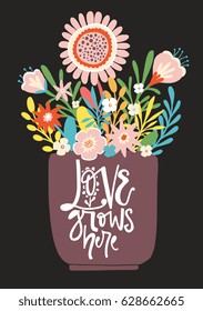 Hand written lettering typographic design with phrase Love grows here - for home decor, print, poster, greeting card. Creative vector illustration with quote. 