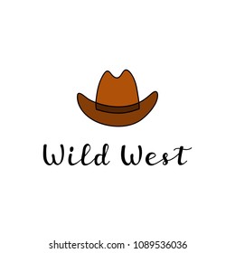 Hand written lettering Wild West with cowboy hat isolated on white background.