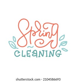 Hand written linear lettering - Spring cleaning. Decorative logo, badge and icon with leaves. Postcard, card, invitation, flyer, banner template. Vector trendy typography.