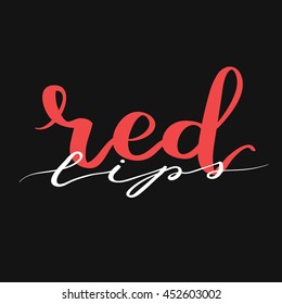 Hand written logo "Red lips". Modern calligraphy for fashion design. Beauty logotype on dark isolated background.