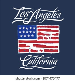 Hand written Los Angeles California typography with American flag illustration, T-Shirt graphics, vector design