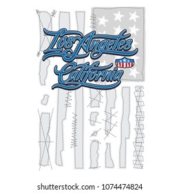 Hand written Los Angeles California typography with American flag illustration, T-Shirt graphics, vector design