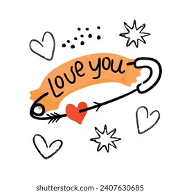 Hand written Love You,pin,hearts and stars.Romantic set with lettering and doodle elements.Vector objects with brush effect and isolated on white background.For use in card,invitation,banner template.