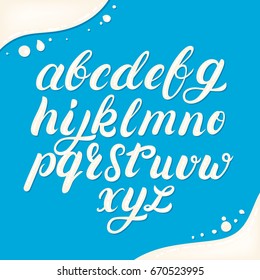 Hand written lowercase alphabet made of milk. Modern calligraphy. Font style. Brush font isolated on background. Vector illustration.