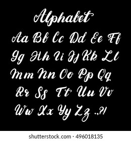 Hand written lowercase and uppercase calligraphy alphabet. Modern brushed lettering. White letters isolated on black background. Vector illustration.