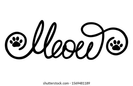 Hand written Meow lettering with cat paws. Black elements isolated on white background. Vector illustration for prints, stickers, cards, posters, cute decor for cat lovers.