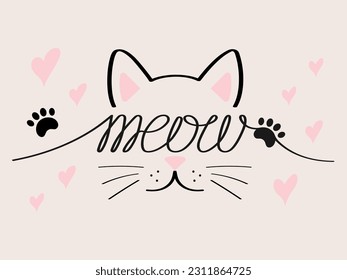 Hand written Meow lettering with cat silhouette and paws. Cute cat poster with lettering, mustache, ears and hearts. Funny design.