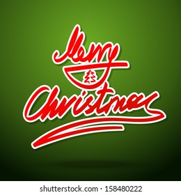 Hand written merry christmas lettering with little xmas tree, on the spruce green background. Vector. 