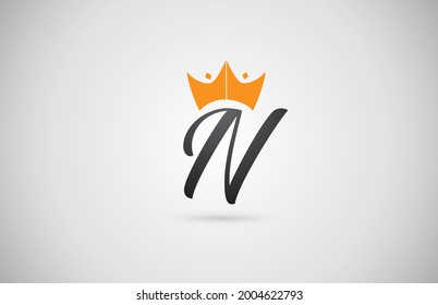 hand written N alphabet letter logo icon. Company business typography with yellow king crown. Royal style