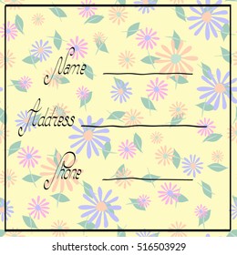 Hand written name tag for child's cloth. Label with name, address and parents' phone.Identification card for missed or lost kid decorated with flowers for your clothing brand