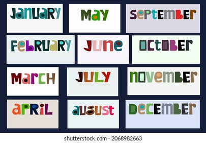  Hand written names of months. Artistic lettering for calendar or planner on the white background. December, January, February, March, April, May, June, July, August, September, October, November. 