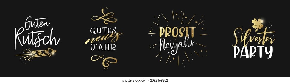 Palabras escritas a mano de Año Nuevo que dicen en alemán como "Feliz Año Nuevo", genial para banners, fondos de pantalla, tarjetas, invitación - diseño vectorial