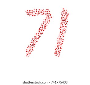 Hand written Number 71 Made Red Hearts