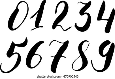Hand written numbers 0-9 on a white background.