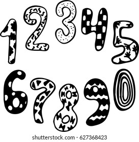 Hand written numbers 0-9 on a white background. Hand drawn lettering. 