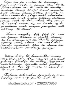 Hand written paragraphs in cursive ink script, scribbly antique cursive writing sample in pen and ink. Old fashioned writing, vintage style nonsense writing.