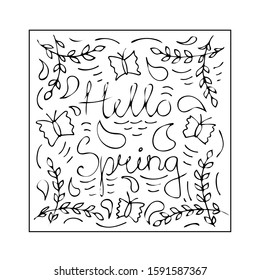 Hand written phrase 'hello spring'. Doodle leaves, butterflies. Vector illustration. EPS 10