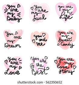 Hand written phrase. Vector card with sign I love you. Valentines day handdrawn lettering collection, love and romantic quote. Modern brush quote calligraphy on watercolor heart background.