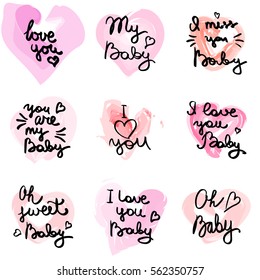 Hand written phrase. Vector card with sign I love you. Valentines day handdrawn lettering collection, love and romantic quote. Modern brush quote calligraphy on watercolor heart background.
