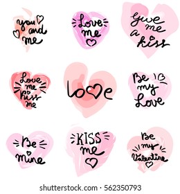 Hand written phrase. Vector card with sign I love you. Valentines day handdrawn lettering collection, love and romantic quote. Modern brush quote calligraphy on watercolor heart background.