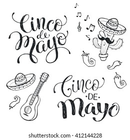 Hand written phrases for Mexican celebration of Cinco de Maya. Cinco de mayo wording isolated on white background. National mexican attributes. Hand drawn items of mexican culture.