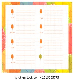 Hand written planner.  Weeks start on Sunday. Background with seamless pattern with autumn stylized trees.