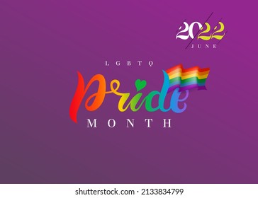 Hand written Pride lettering and rainbow  Colored rainbow flag gradient  Gay parade slogan  2022 LGBT rights symbol  Poster  placard  cards design  Vector illustration  Isolated blue background 