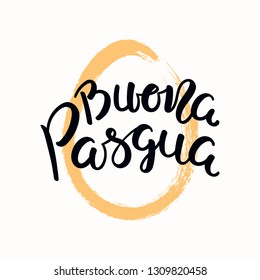 Hand written quote Buona Pasqua, Happy Easter in Italian, with egg outline. Isolated objects on white background. Hand drawn vector illustration. Design concept, element for card, banner, invitation.