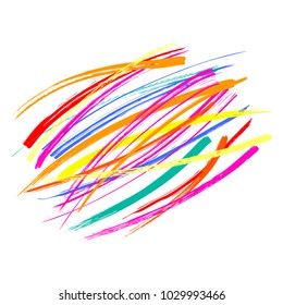Hand written quote Holi Hai (Its Holi) on a background of colorful brush strokes. Isolated objects on white. Vector illustration. Design concept for festival of colors, party, celebration.
