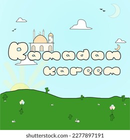 Hand written ramadan kareem design with mosque and blue sky view
