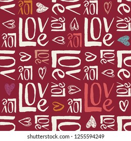 Hand Written Retro Colors Valentine's Day Typography vector seamless pattern. Hand Drawn Doodle Hearts and Word Love