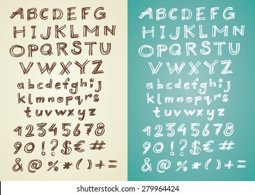 Hand written retro vector font - hand drawn alphabet with numbers and special symbols