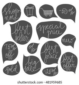 Hand written sale phrases and icons in form of black speech bubbles