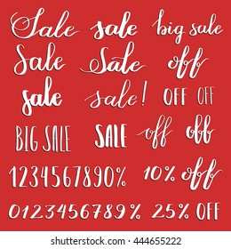 Hand written sale sign elements for any marketing promotion. All elements in this vector image are easily customized. Calligraphy label graphic design lettering element. Hand craft decoration element.