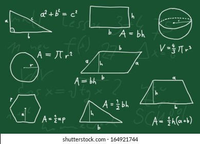 Hand written scribble illustration - geometry formulas. Formulas for polygon area, triangle properties and other.