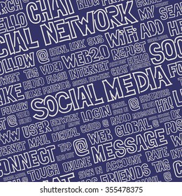 Hand written seamless pattern with social media words, titles, tags and labels. Optimized for easy color changes. EPS8 vector illustration includes Pattern Swatch.