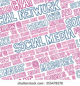 Hand written seamless pattern with social media words, titles, tags and labels. Optimized for easy color changes. EPS8 vector illustration includes Pattern Swatch.
