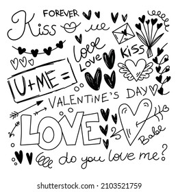 Hand written set with hearts, love, kiss, arrows, love letters, lips, 
bouquet, calligraphy in grunge style. Sketch doodle design for wedding or valentine's day cards, decor, stickers.