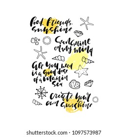 hand written set quotes about summer, sea, sunshine with hand drawn elements.