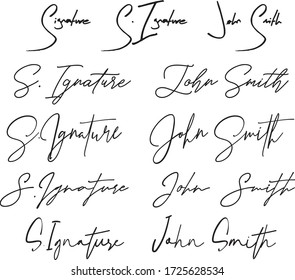 Hand written signature. Different example signatures isolated in white background. Vector illustration set of hand drawn name imprint