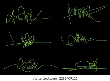 Hand written signature. Different example signatures isolated in back background. Vector illustration set of hand drawn name imprint