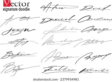 Hand written signature. Different example signatures isolated in white background. Vector illustration set of hand drawn name imprint