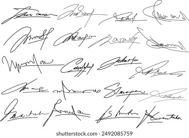 Hand written signature. Different example signatures isolated in white background. Vector illustration set of hand drawn name imprint