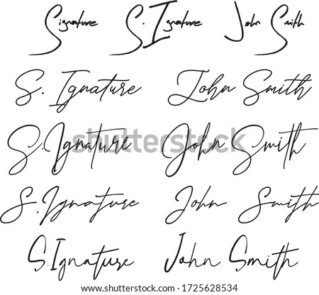 Hand written signature. Different example signatures isolated in white background. Vector illustration set of hand drawn name imprint