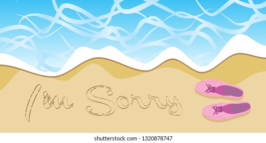 hand written I'm sorry on beach sand and girl pink shoes vector illustration isolated  cartoon background