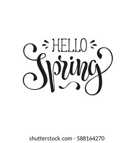 Hand written Spring time phrase. Greeting card text template isolated on white background.  Hello Spring wording.
