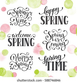 Hand written Spring time phrases with birds. Greeting card text templates isolated on white background. Welcome Spring lettering in modern calligraphy style. Hello Spring wording.