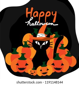 Hand written text “Happy Halloween” and a black cat wearing witch’s hat among lots of cute Jack-O-Lantern pumpkins.
