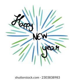 Hand written text happy new year isolated on white background with sunburst,vector illustration eps10