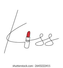 Hand written text Kiss with red lipstick vector. One line continuous drawing. Beauty fashion icon, lettering, slogan, writing, quote, banner, card, poster, sign, cartoon illustration, love print.